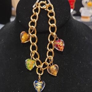 Gold Bracelet With Glass Heart Charms